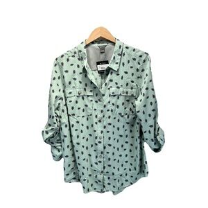Eddie Bauer Adventurer 3.0 Green Leaf Print Blouse RollTab Button XL Outdoor New